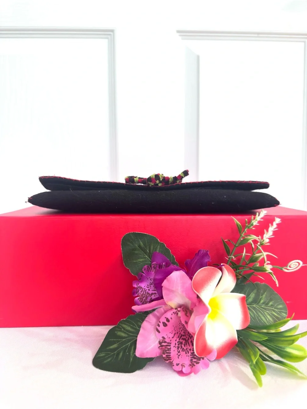 WALLET ~ Handcrafted Black Felt Floral Wallet w/Multicolor Appliqué Accents